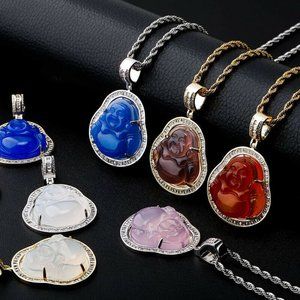 Jade Buddha Pendant Necklace Chain 24K Gold Filled Maitreya Craved Free Shipping